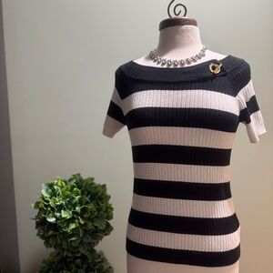 Ralph Lauren Black & White Striped Short Sleeve Sweater – Size Small, Gold Neck